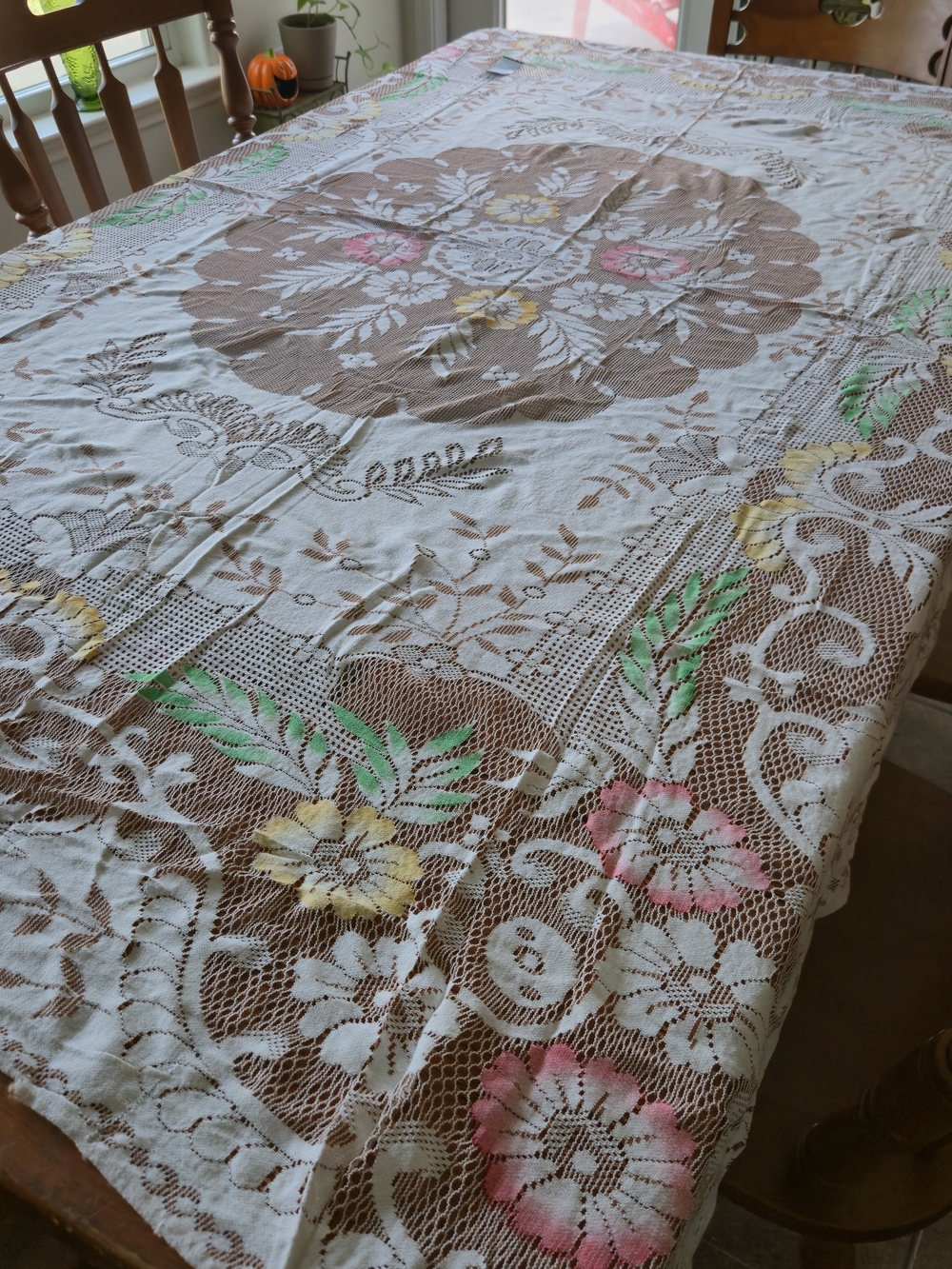 Vintage Openwork Jersey Knit Lace Tablecloth 57x74 Floral Medallion Cream Brown